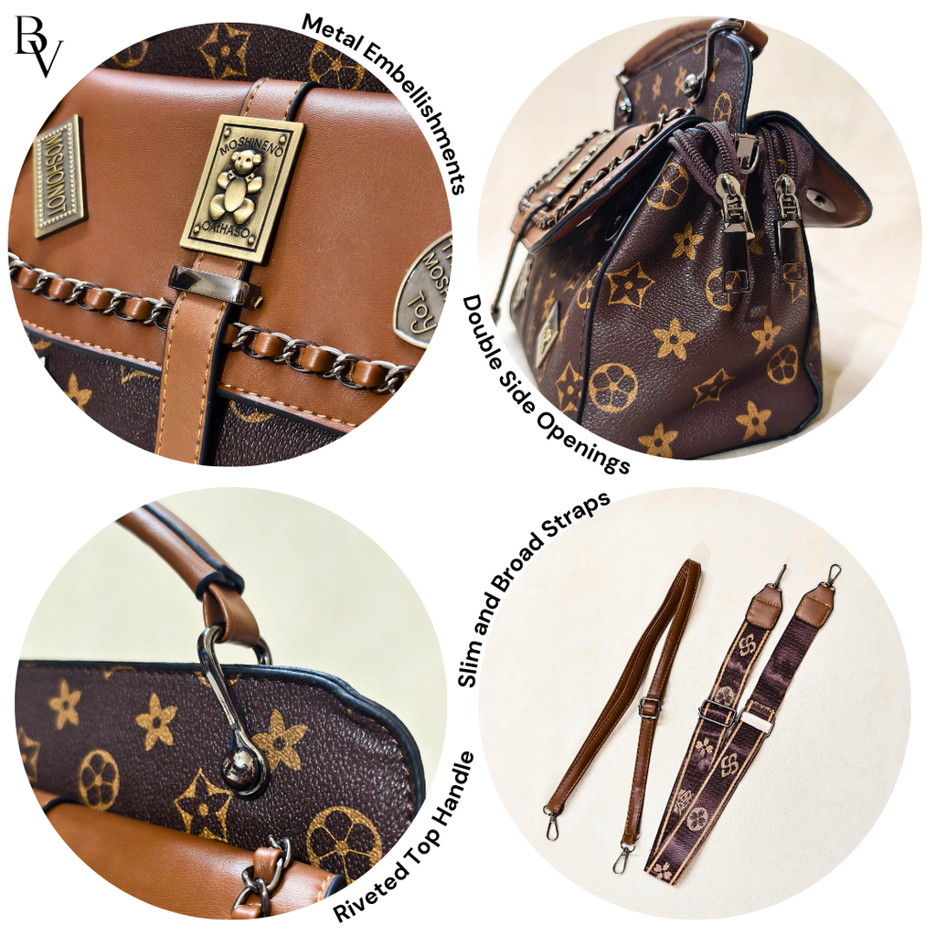 Brown handbag with gold accents and features labeled on a white background