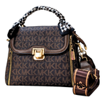 Designer handbag with monogram pattern on a white background