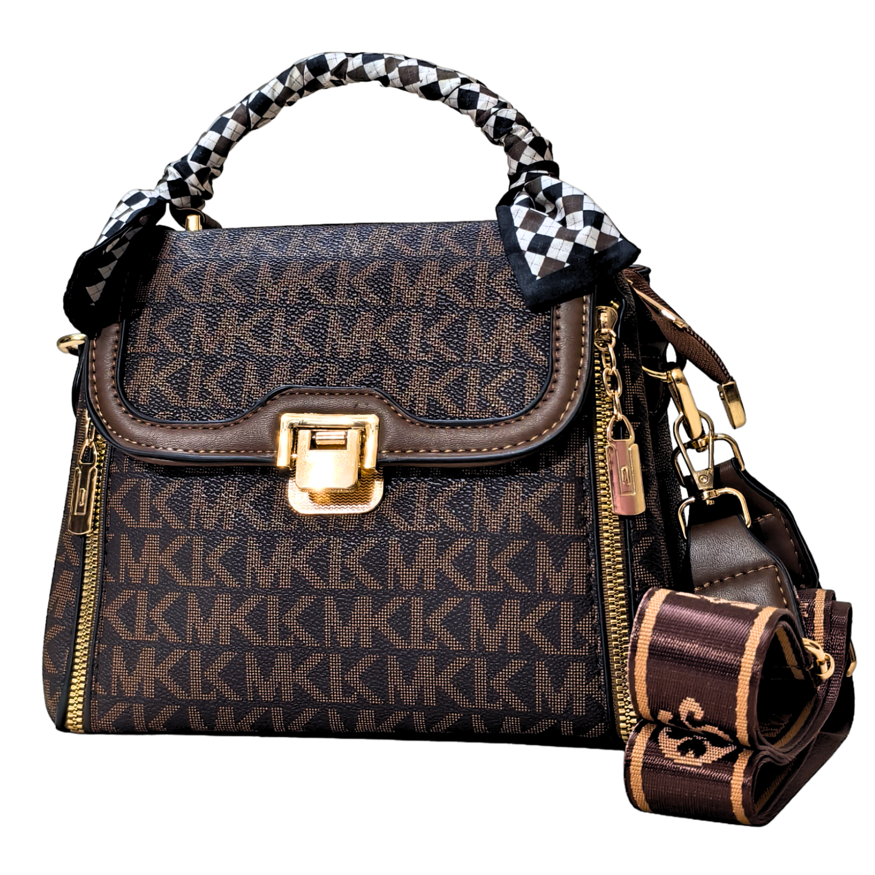 Designer handbag with monogram pattern on a white background