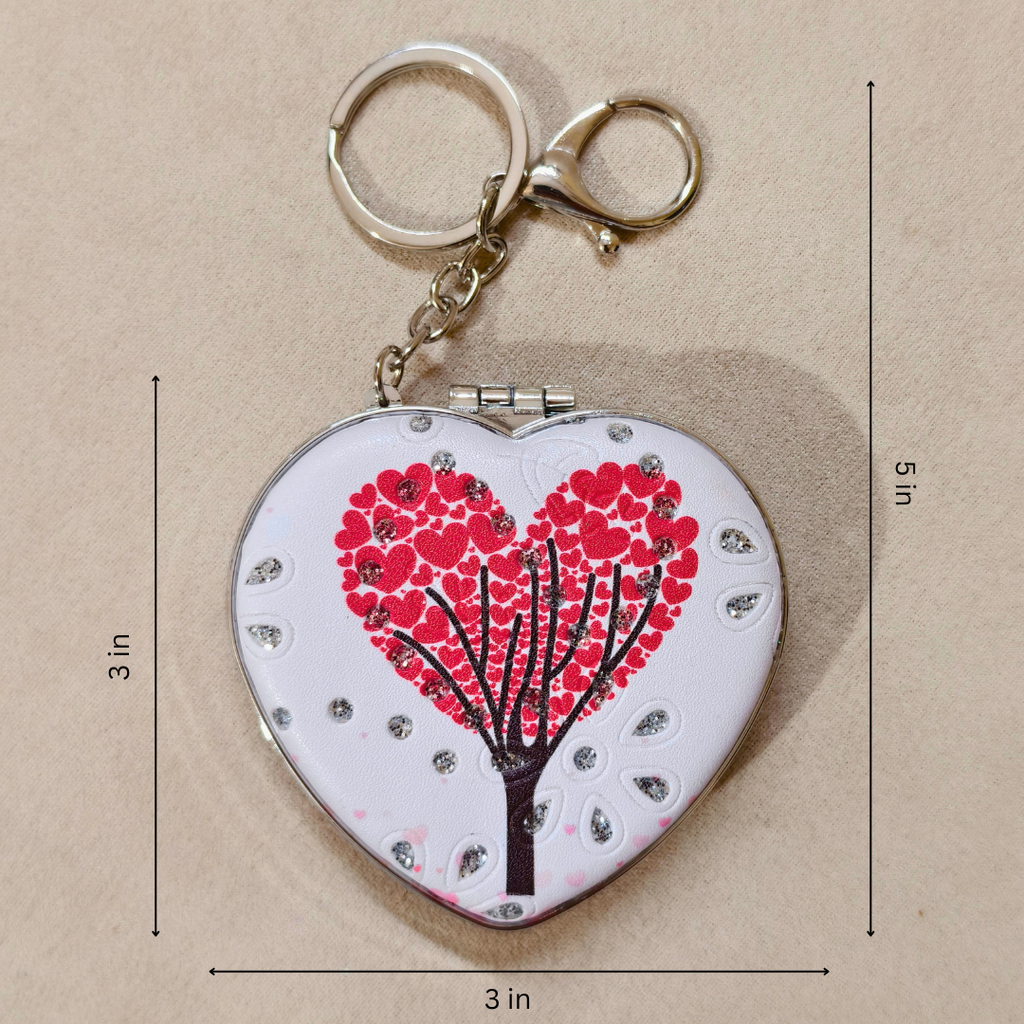 Heart Valentine White Pocket Mirror  With Measurements On  Beige Background.