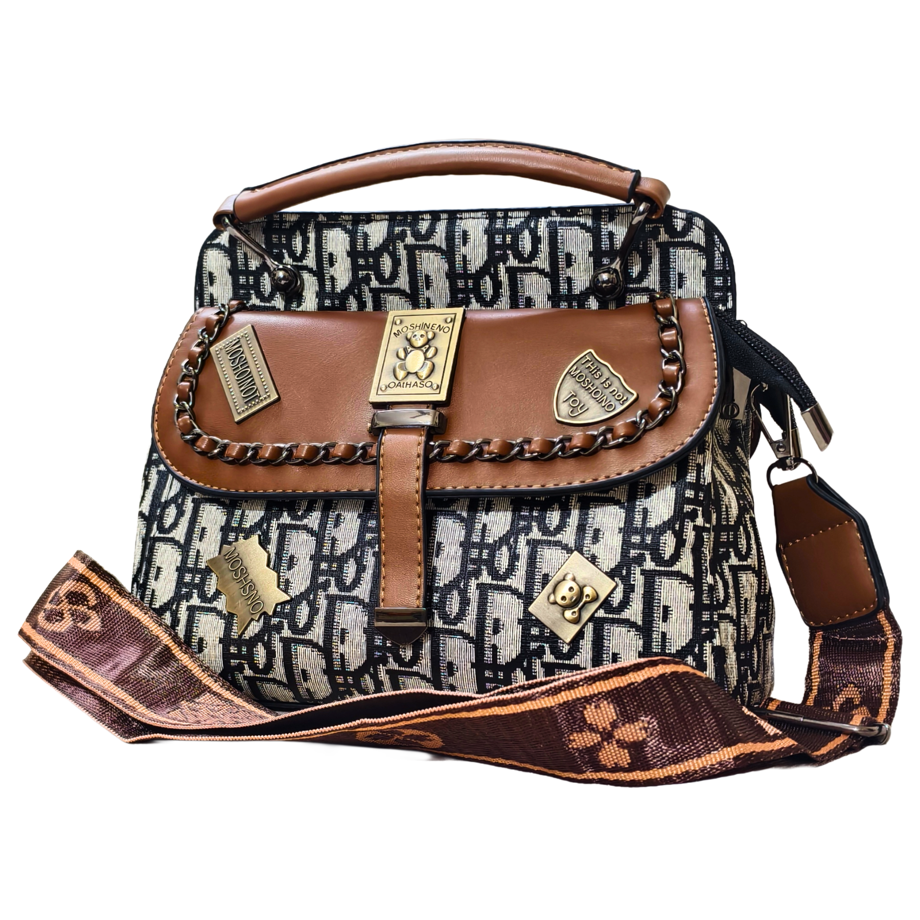 Designer handbag with brown leather accents and a patterned strap on a white background