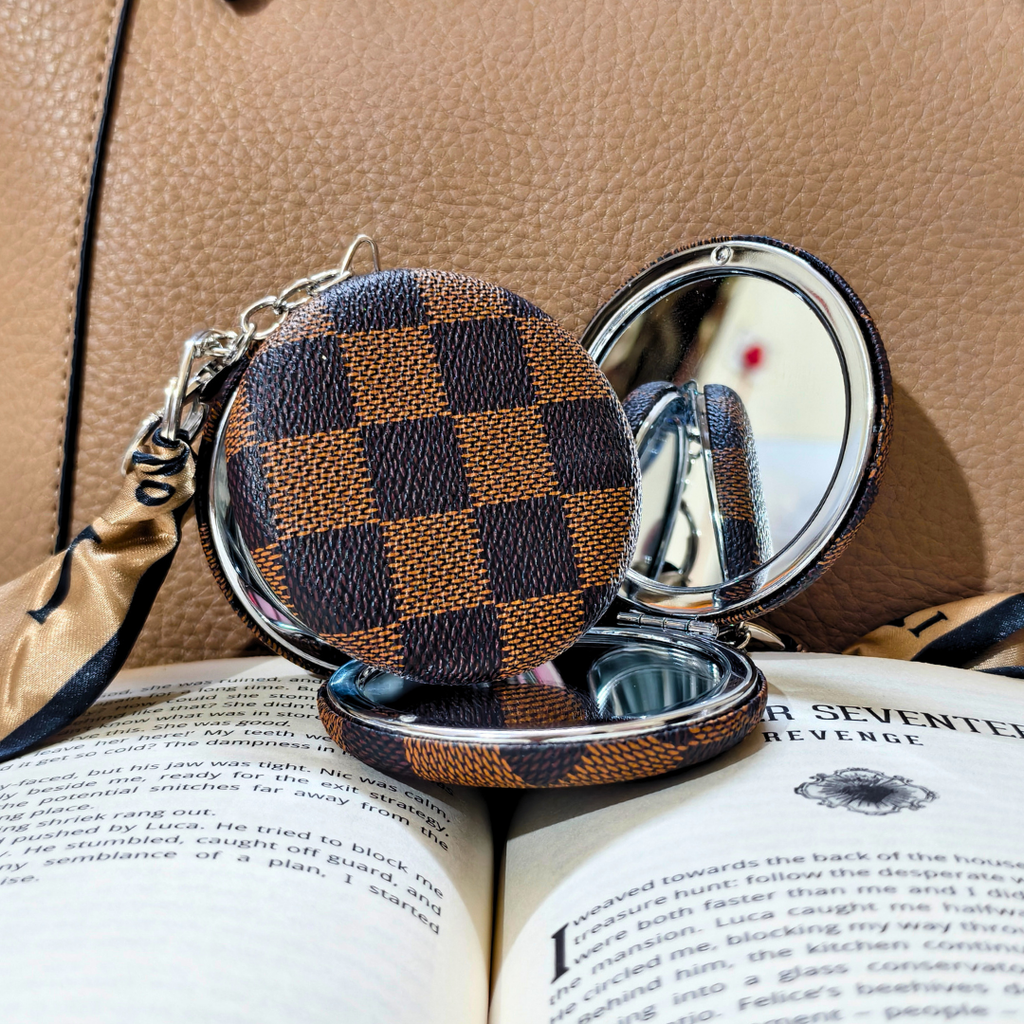 Round Brown Check Pocket Mirror  With Props.