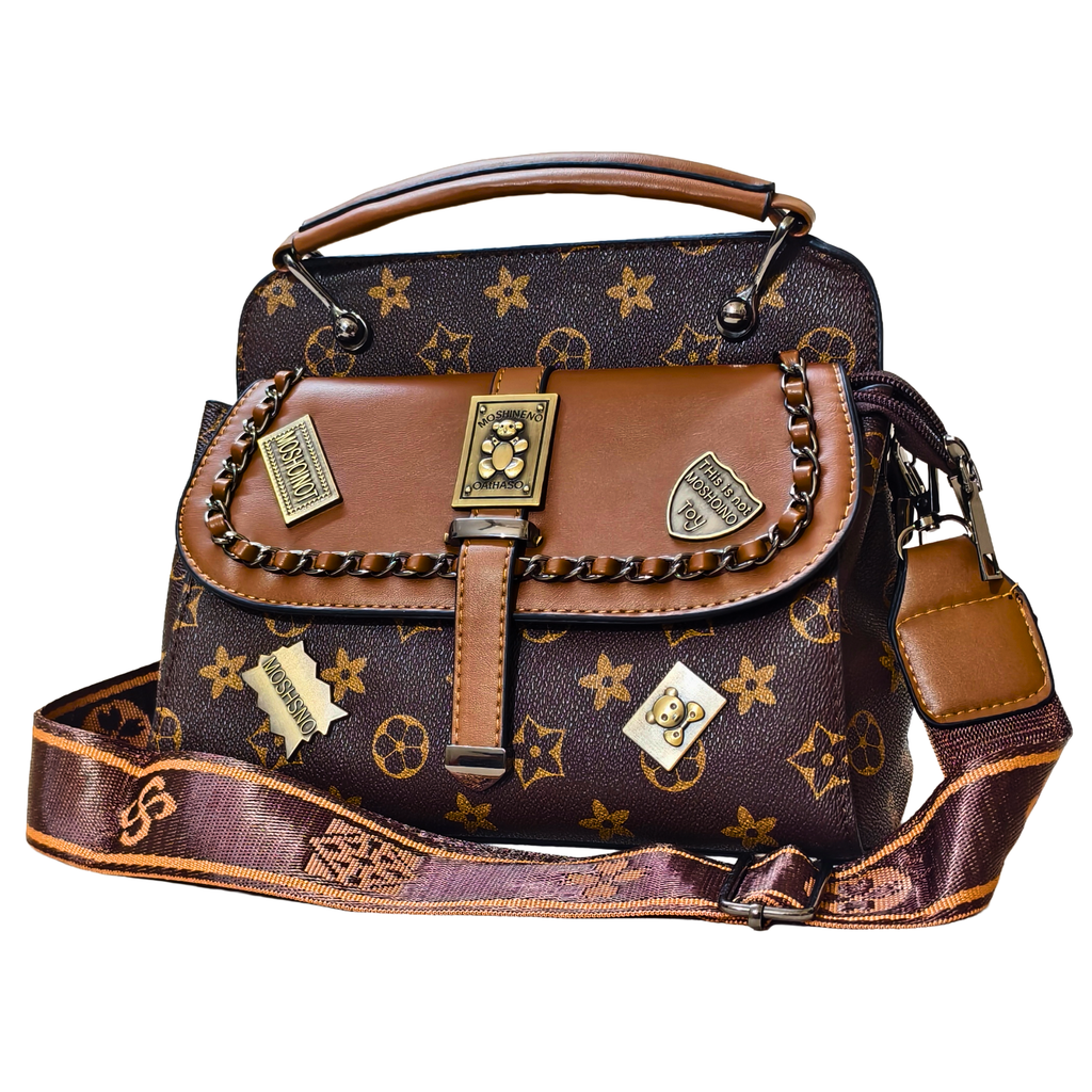 Designer handbag with brown and gold pattern on a white background