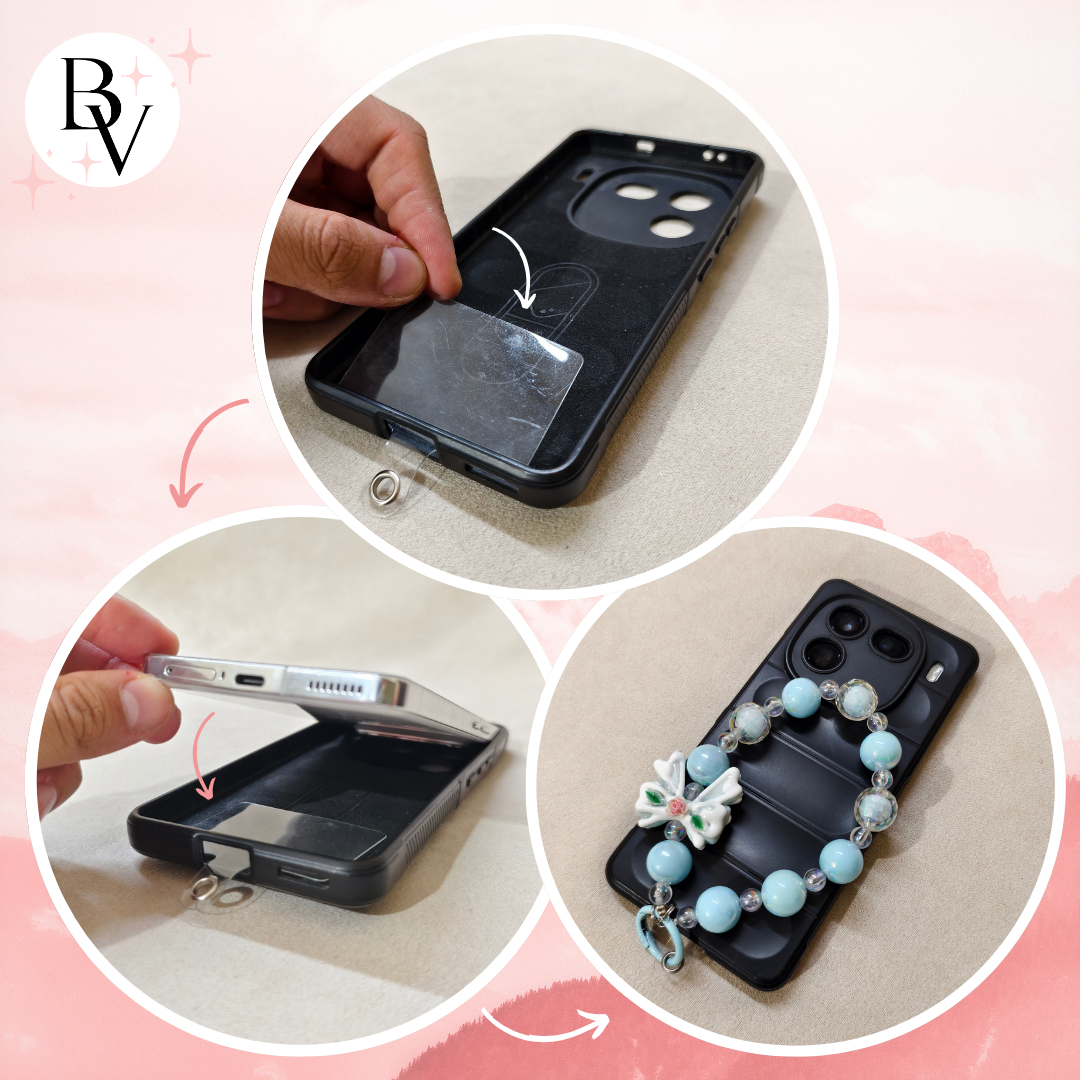 Step-by-step process of attaching a decorative charm to a phone case with a pink border and 'BV' logo.