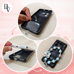 Step-by-step process of attaching a decorative charm to a phone case with a pink border and 'BV' logo.