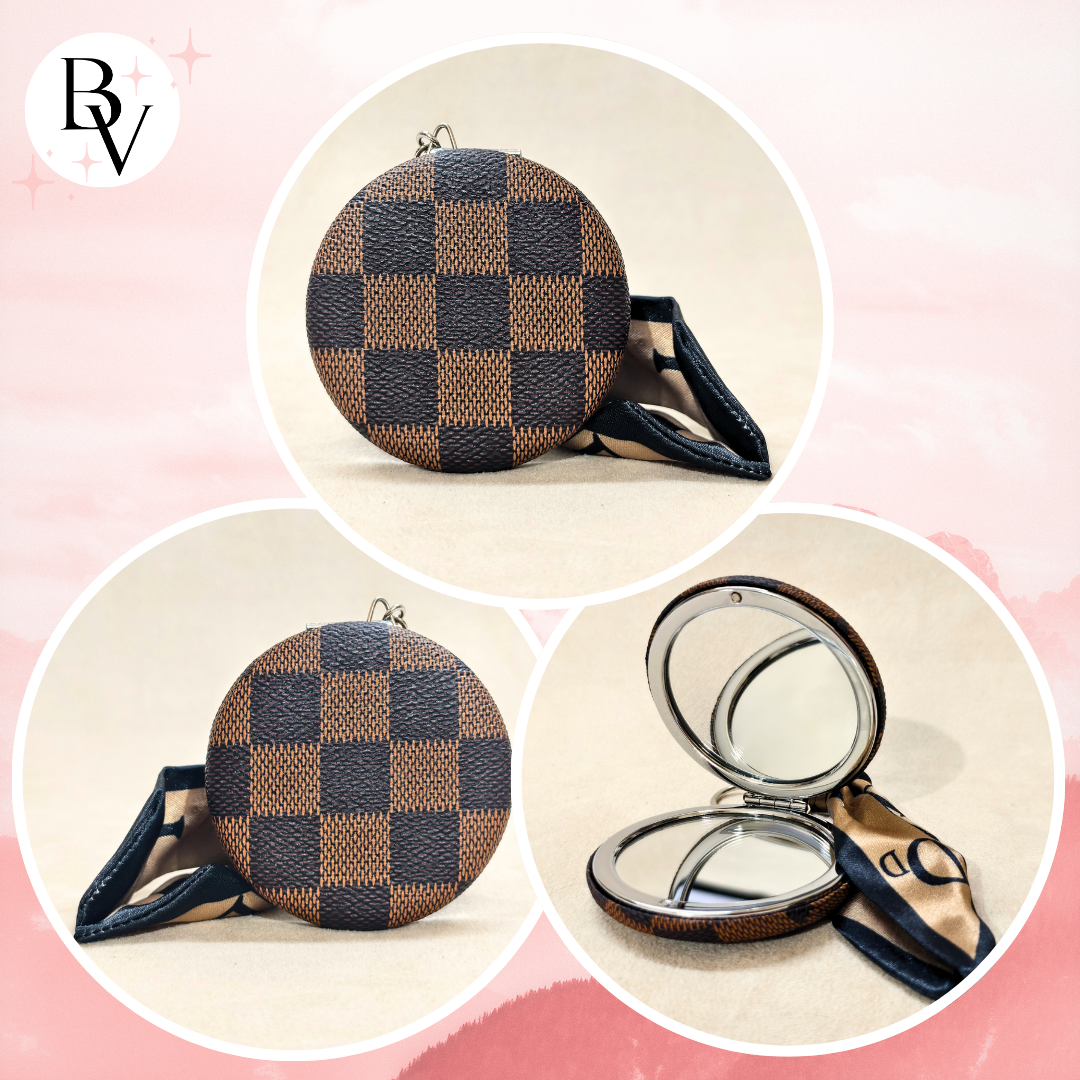 Round Brown Check Pocket Mirror Showing Different Angles.
