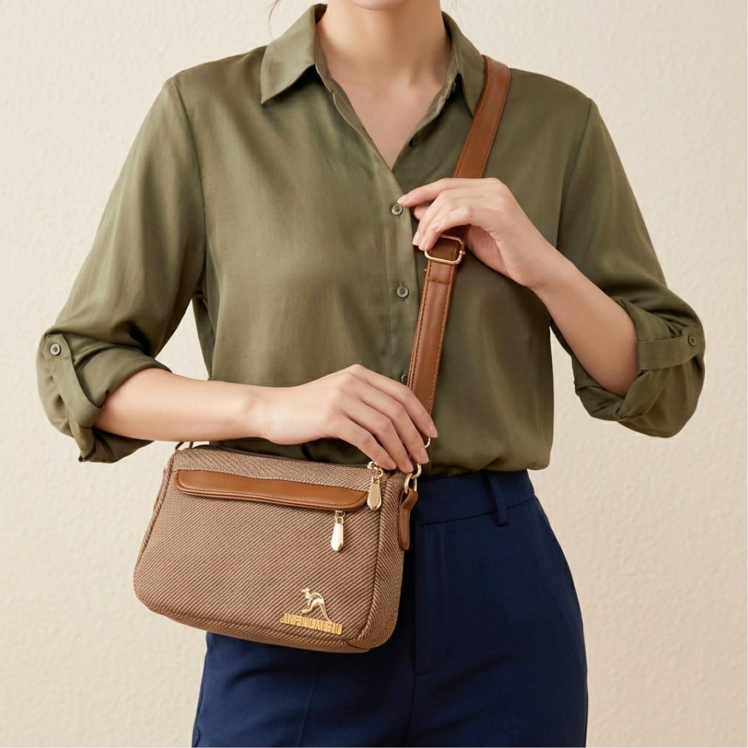 Person wearing a green shirt and blue pants holding a brown handbag with a visible brand logo.