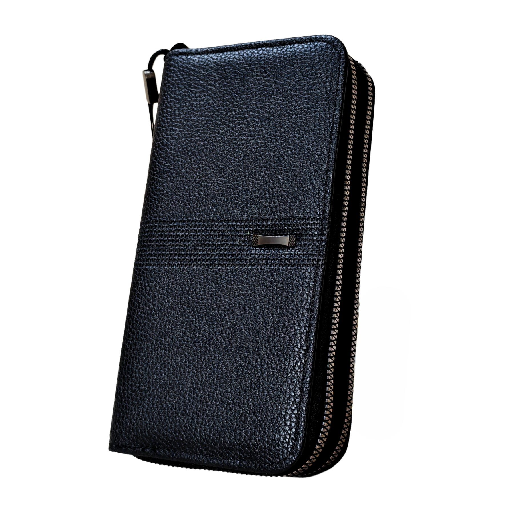 Black leather wallet with zipper on a white background