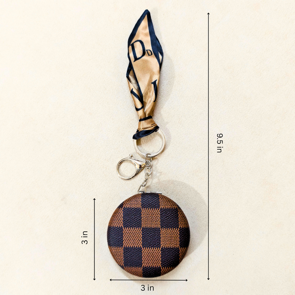 Round Brown Check Pocket Mirror  With Measurements On  Beige Background.