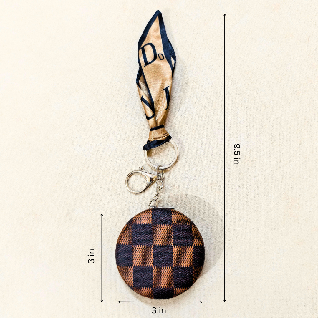Round Brown Check Pocket Mirror  With Measurements On  Beige Background.