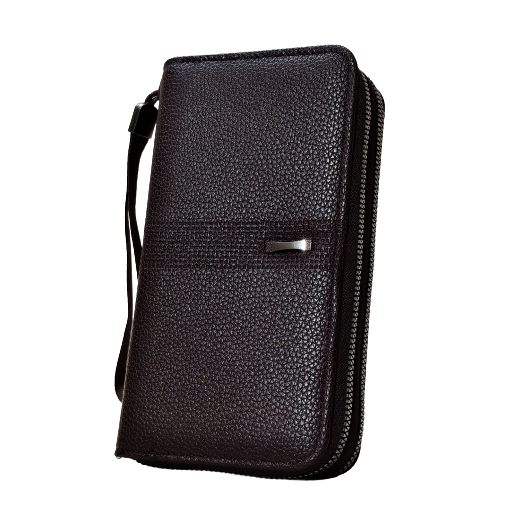 Black leather wallet with a strap on a white background