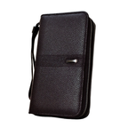 Black leather wallet with a strap on a white background