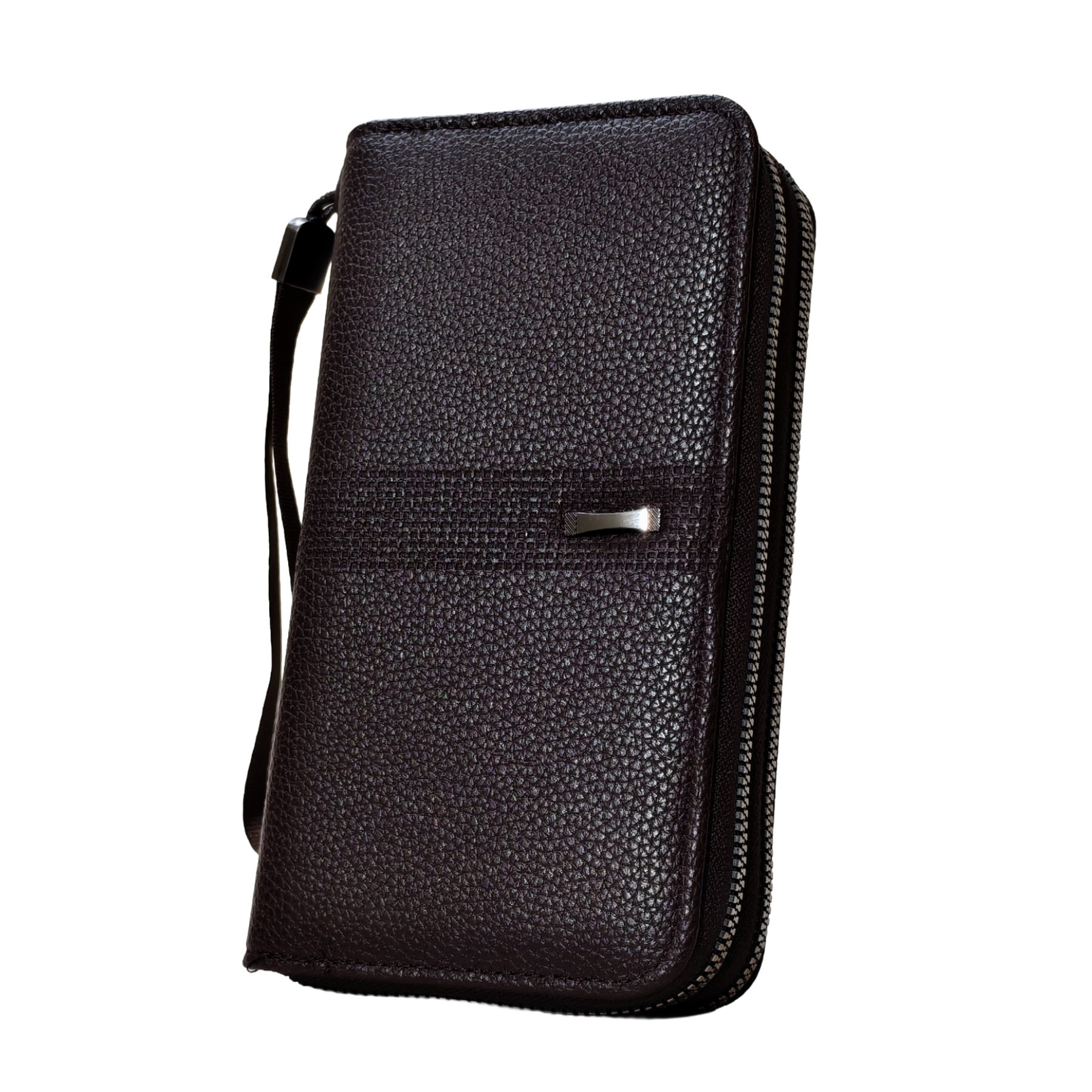 Black leather wallet with a strap on a white background