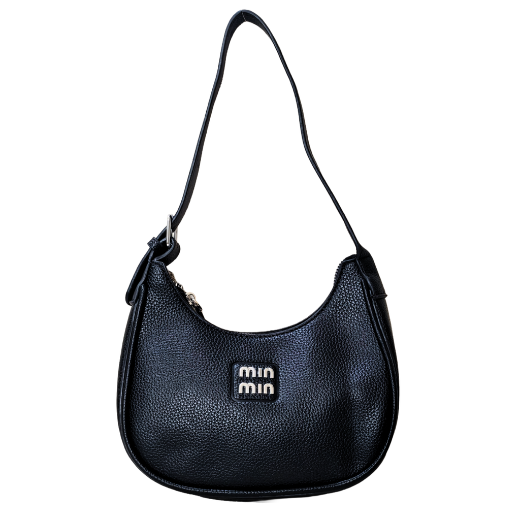 Black handbag with 'min min' logo on a white background