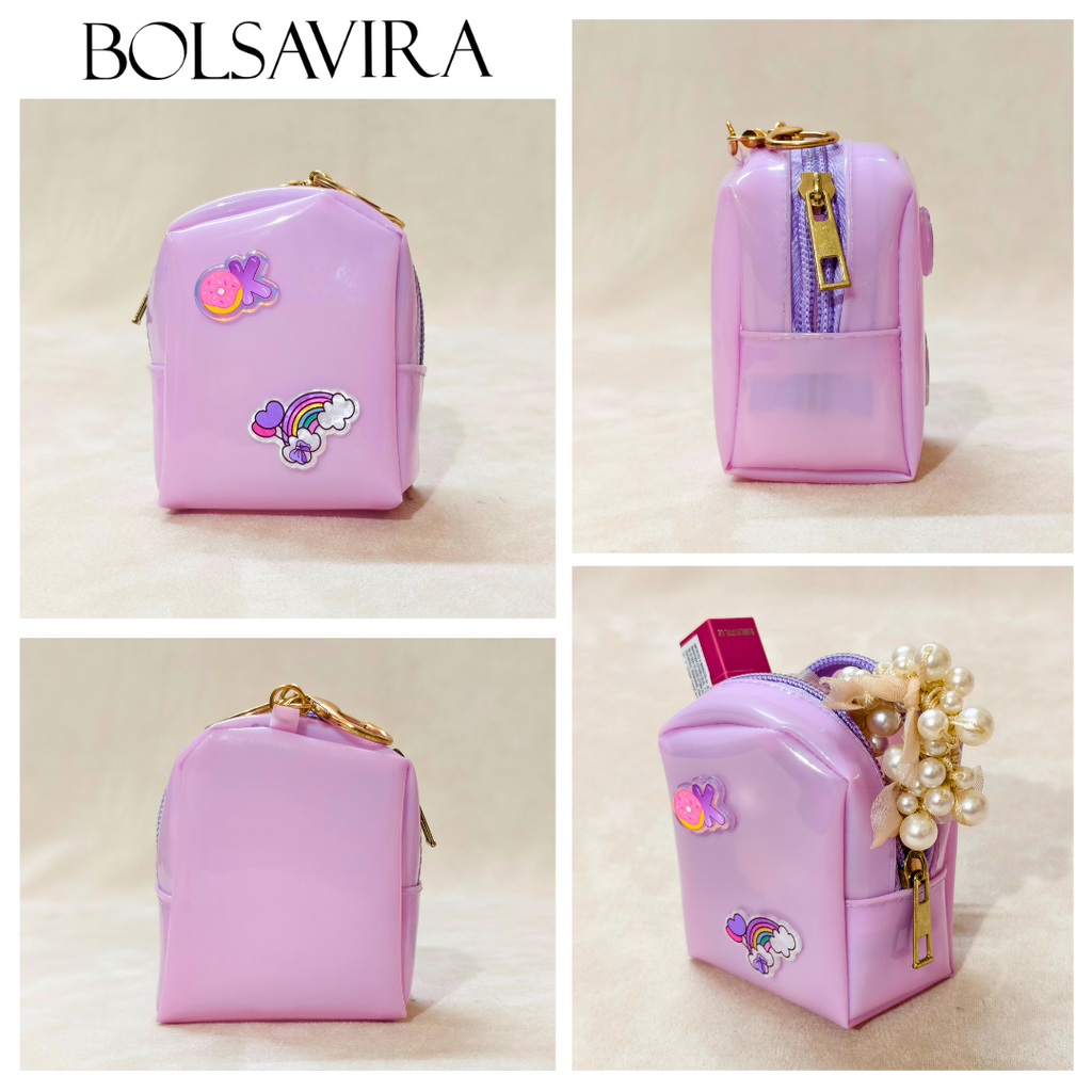 Collage of a pink backpack with decorative elements on a beige background, featuring the brand 'BOLSAVIRA'.