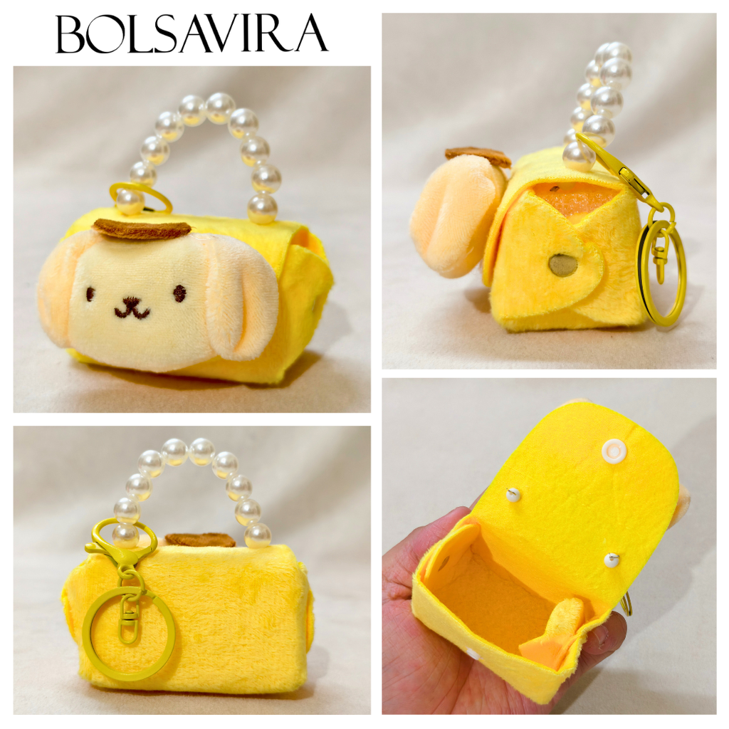 Collage of a yellow plush dog-shaped handbag with a pearl handle and keychain.
