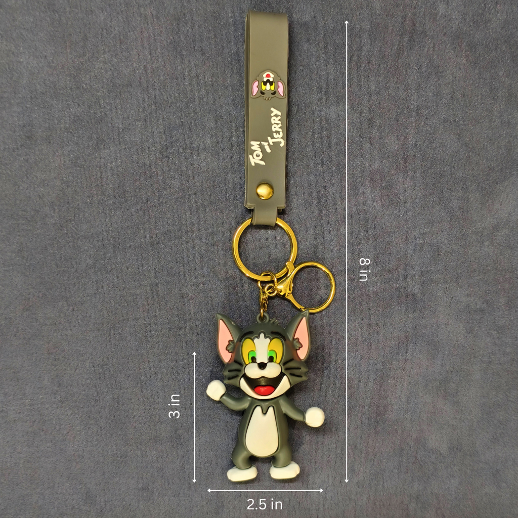 Tom and Jerry keychain with measurements on a gray background