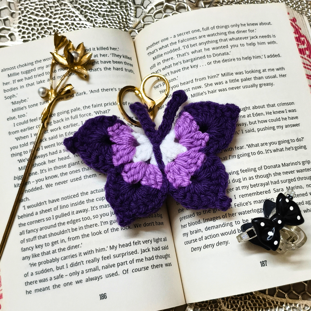 Purple Butterfly Handmade Crochet Keychain Charms, Sunflower Butterfly Heart Rose Designs, Acrylic Cotton Wool Blend, Gold-Tone Lobster Clasp, Bag Charm Accessory For Handbags