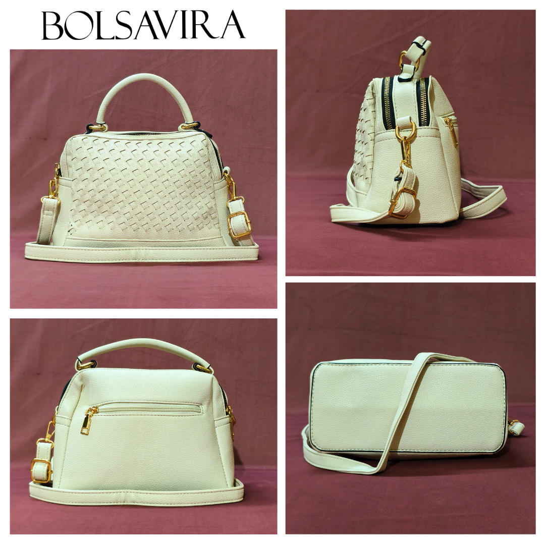 Collage of white handbags with gold accents by Bolsavira on a maroon background.