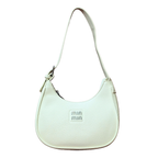White handbag with 'min min' logo on a white background