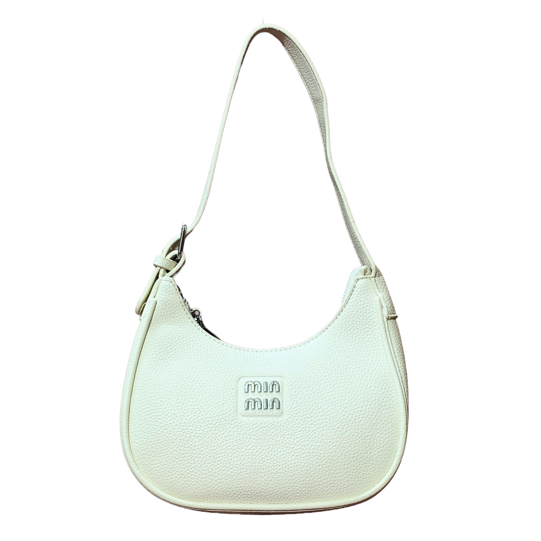 White handbag with 'min min' logo on a white background