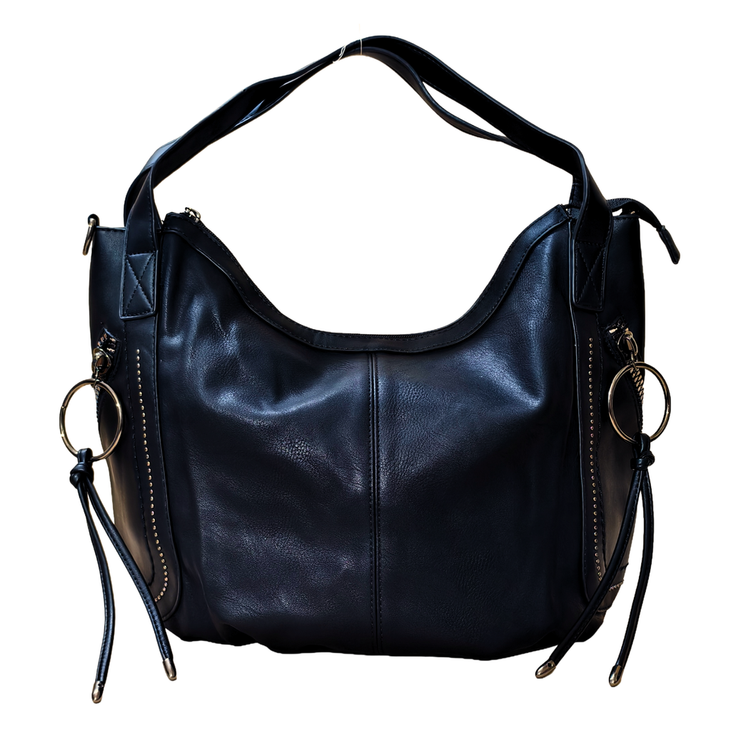 Black leather handbag with gold rings on a white background