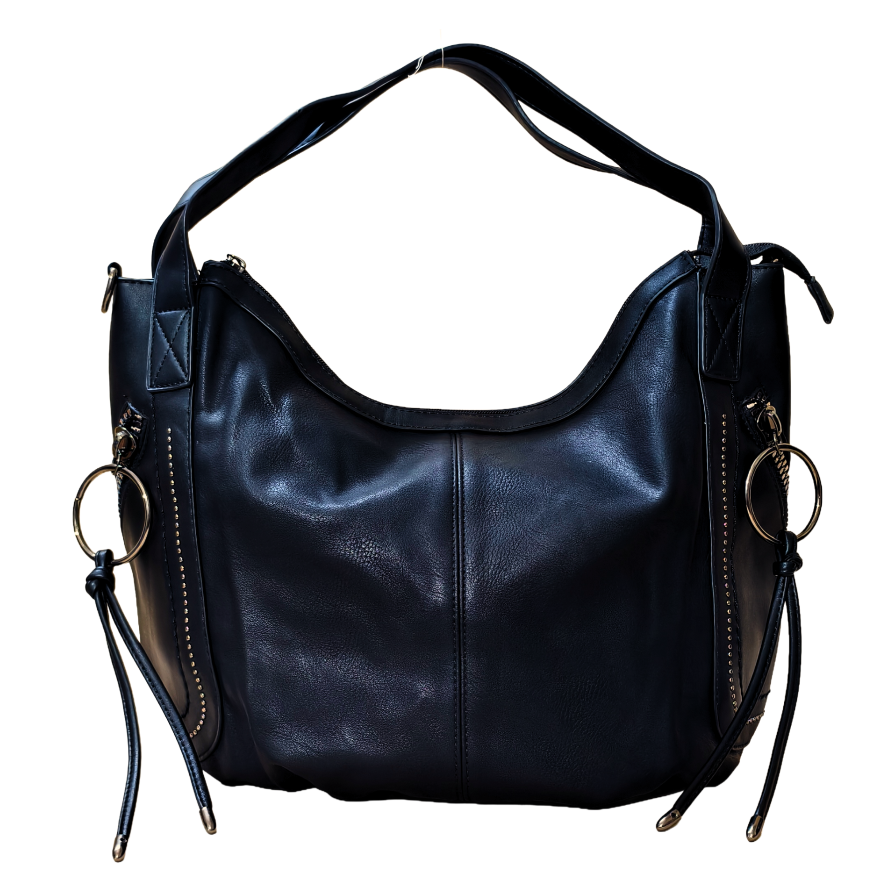 Black leather handbag with gold rings on a white background