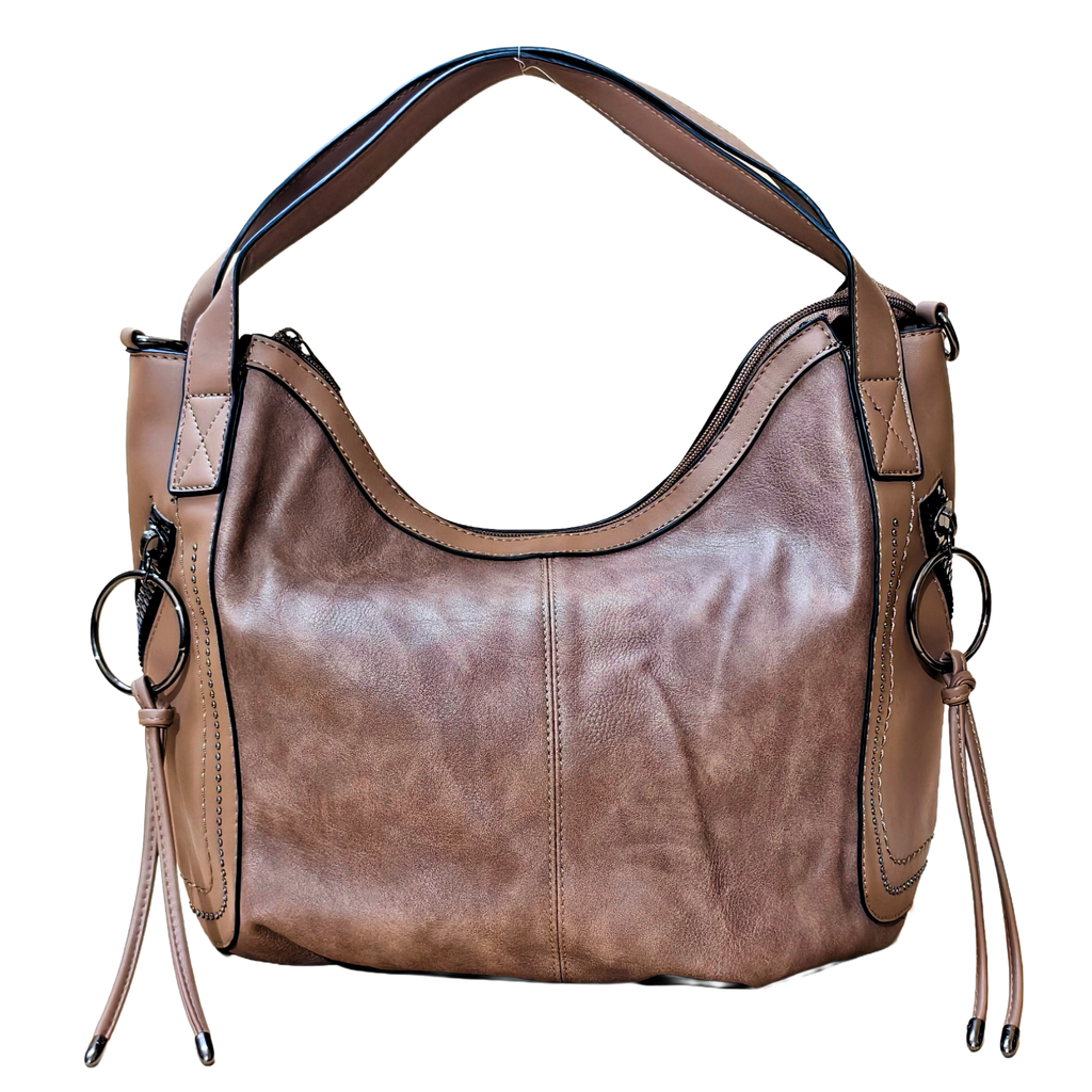 Brown leather handbag with shoulder strap on a white background