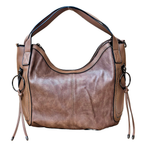 Brown leather handbag with shoulder strap on a white background