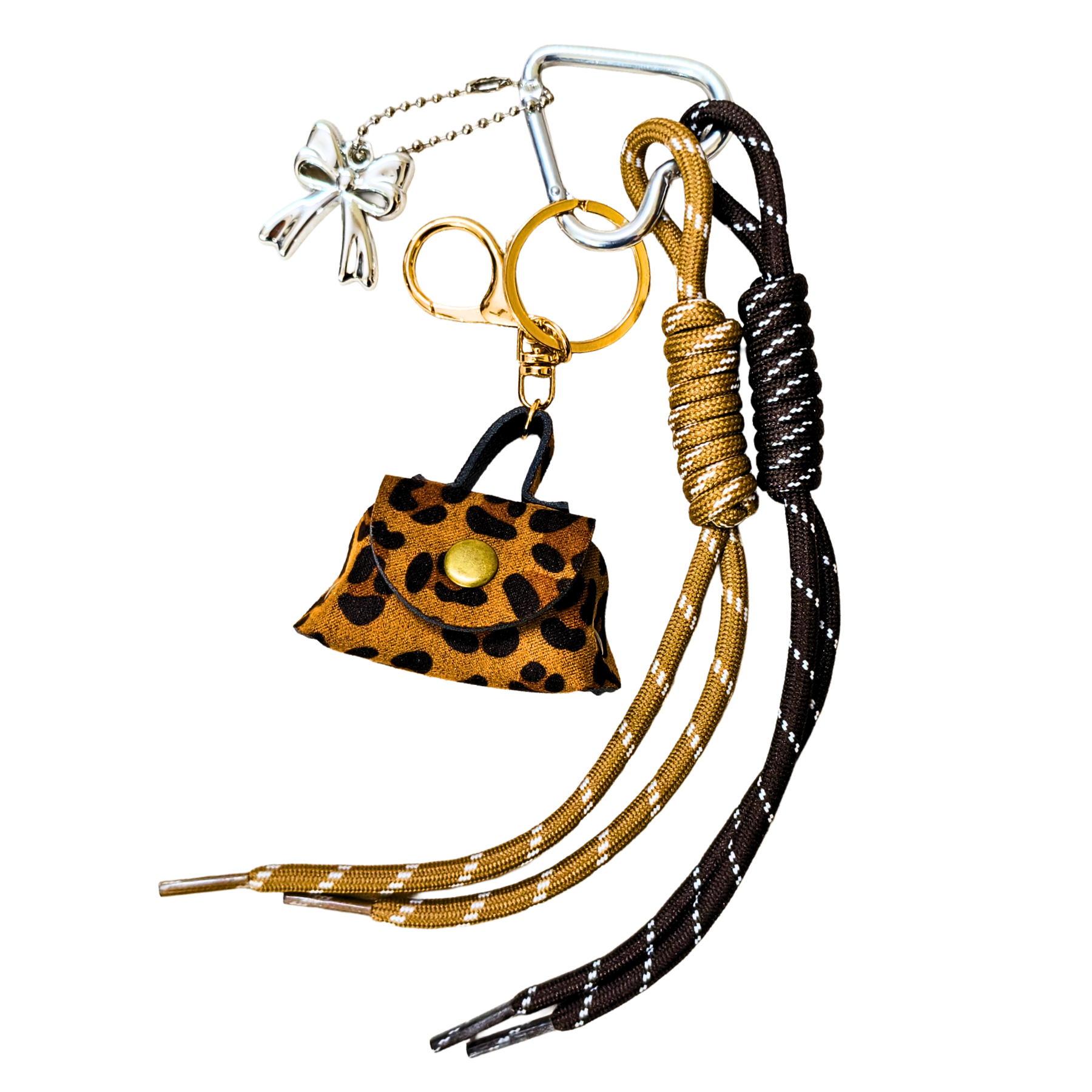 Keychain with leopard print purse charm and decorative lanyard on a white background