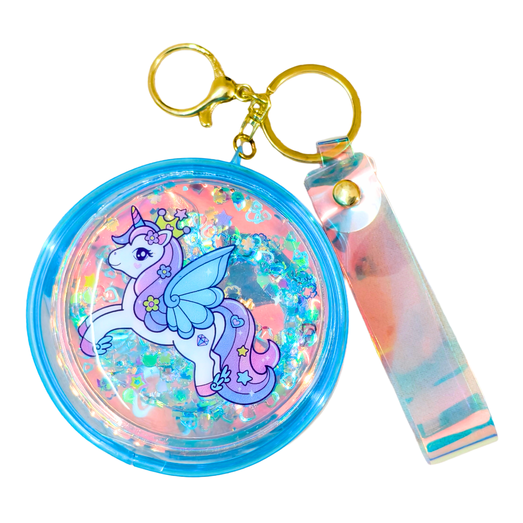Keychain with unicorn design and glittery container on a white background