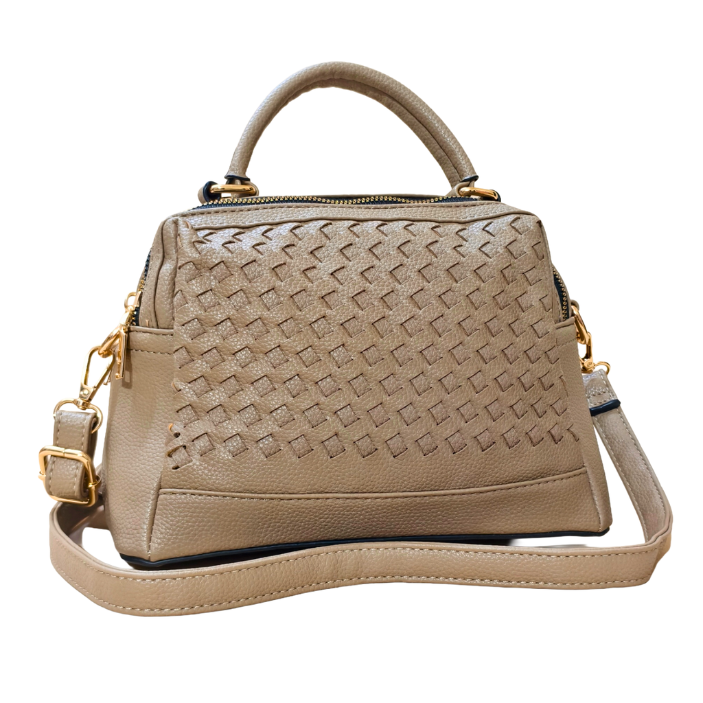 Beige handbag with woven pattern on a white background