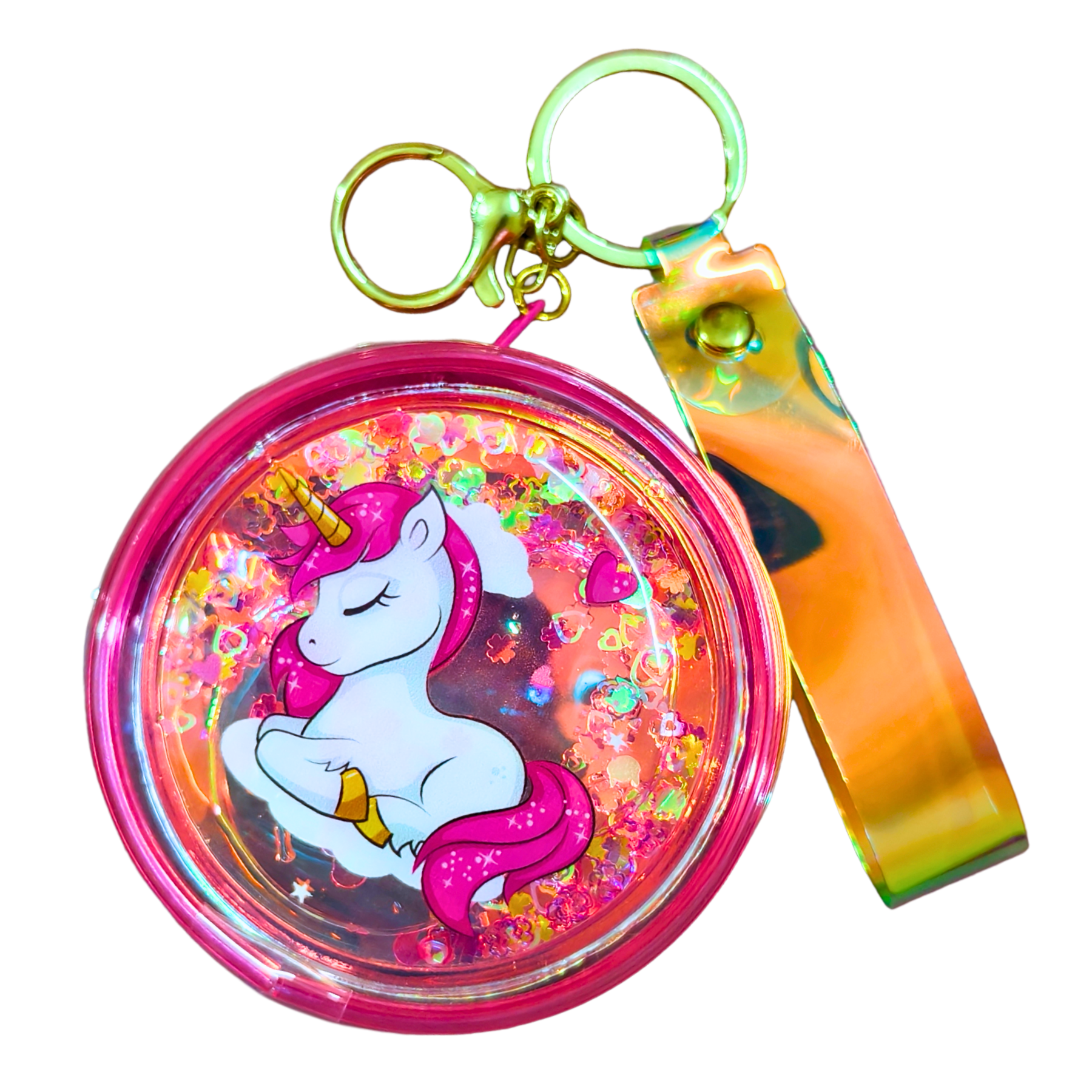 Keychain with unicorn design and colorful glitter inside, attached to a rainbow-colored strap.