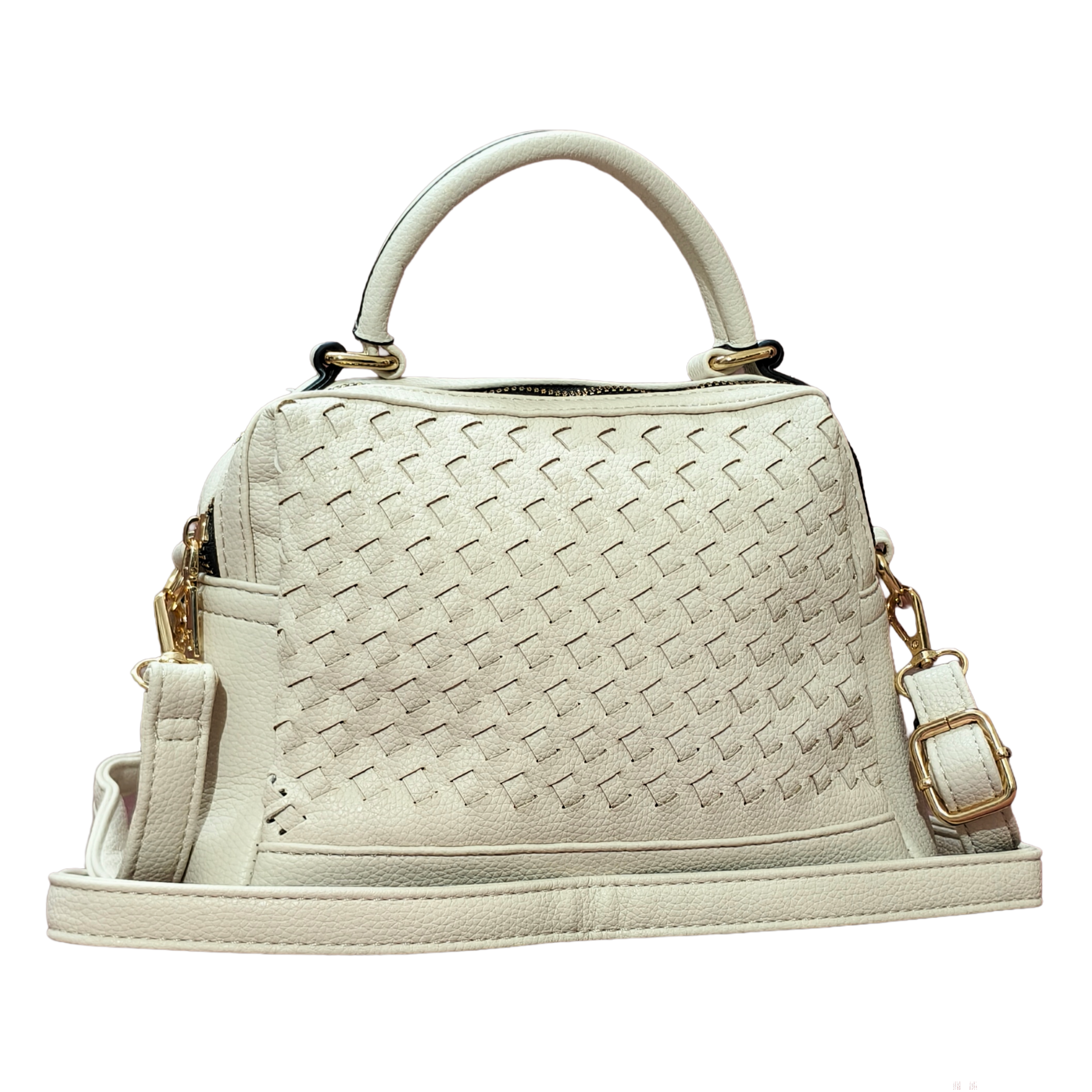 Beige handbag with woven pattern on a white background