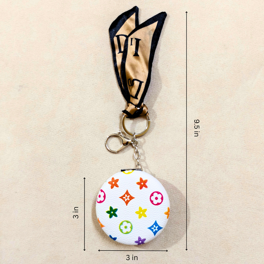 Round LV White Pocket Mirror  With Measurements On  Beige Background.