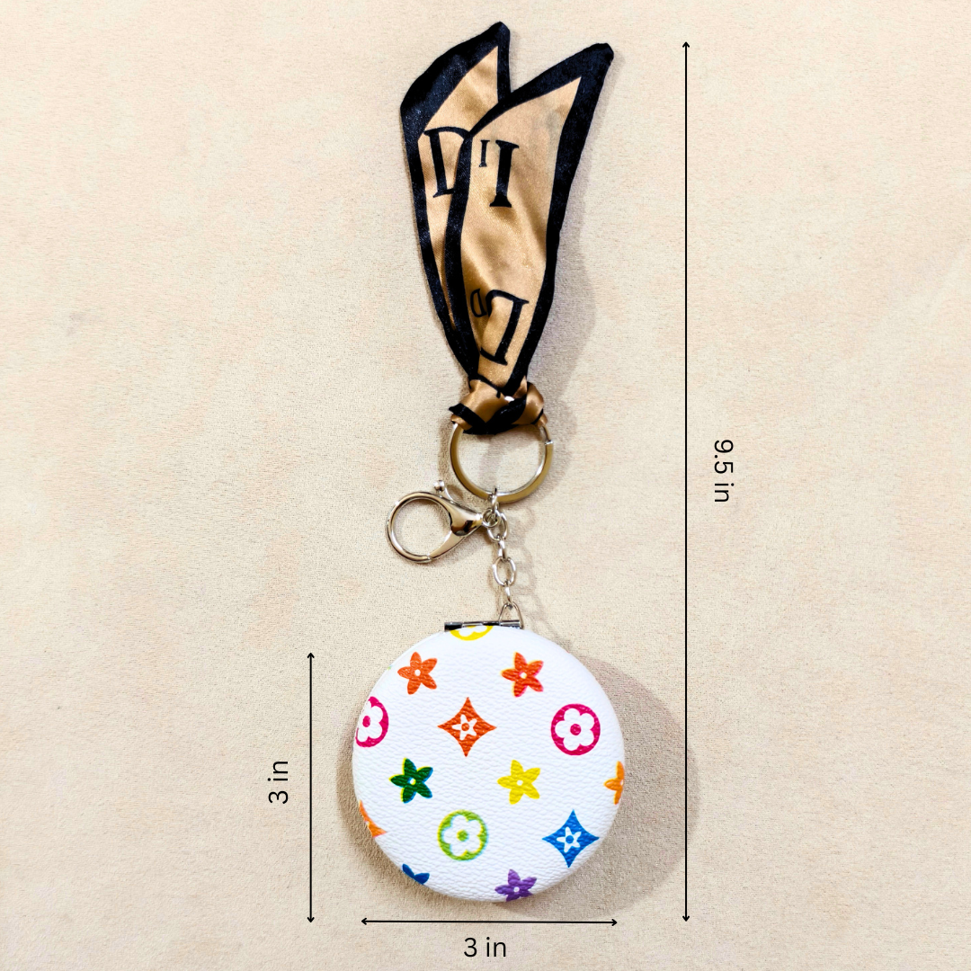 Round LV White Pocket Mirror  With Measurements On  Beige Background.