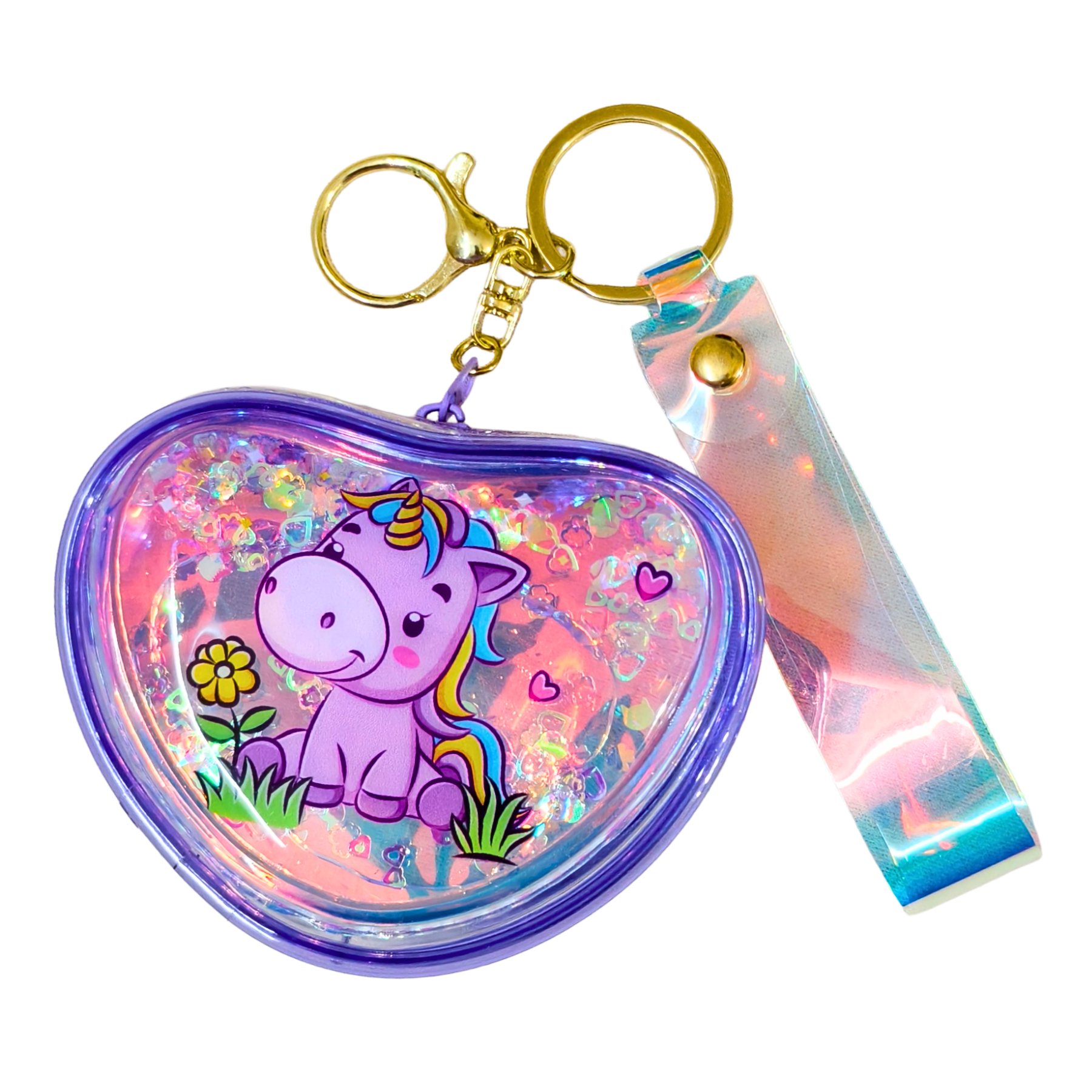 Heart-shaped keychain with unicorn design on a white background