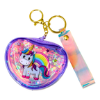 Heart-shaped keychain pouch with unicorn design and colorful strap on a white background