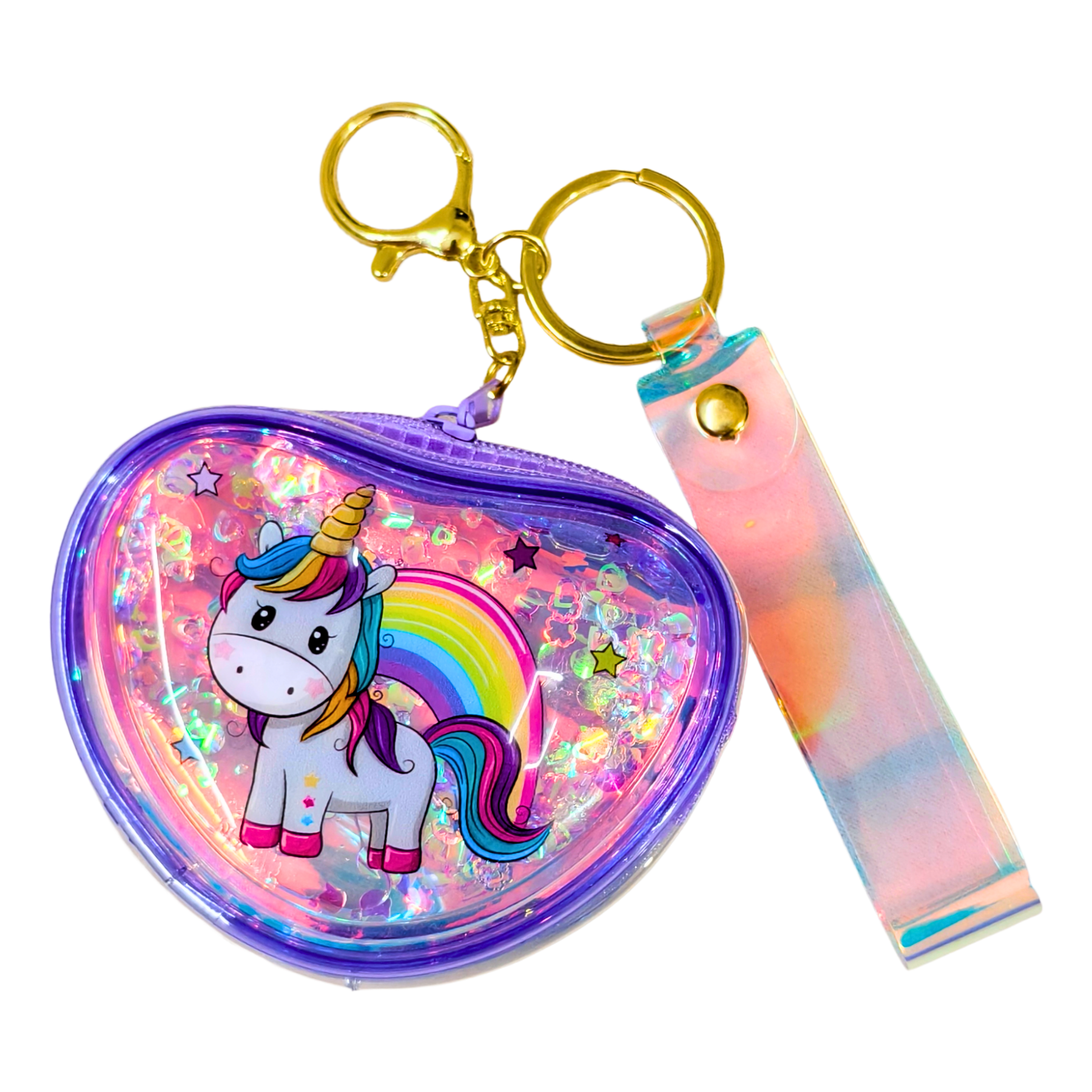 Heart-shaped keychain pouch with unicorn design and colorful strap on a white background