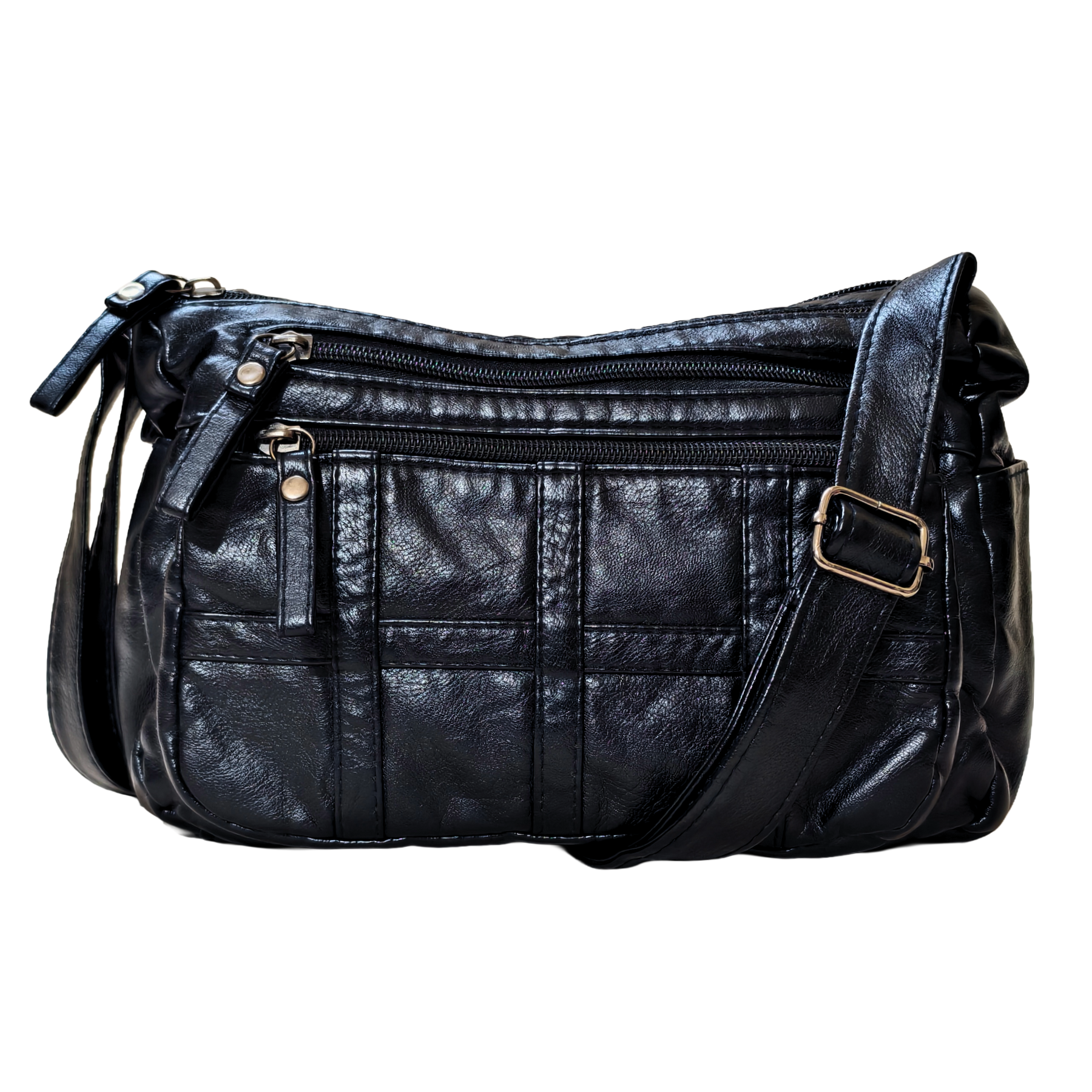 Black leather handbag with gold hardware on a white background