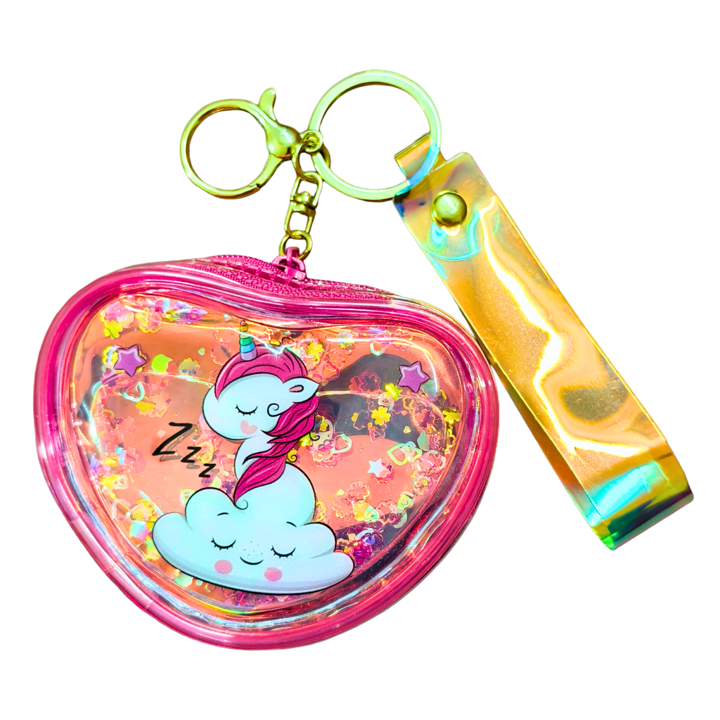 Heart-shaped glittery case with unicorn design and keychain, on a white background