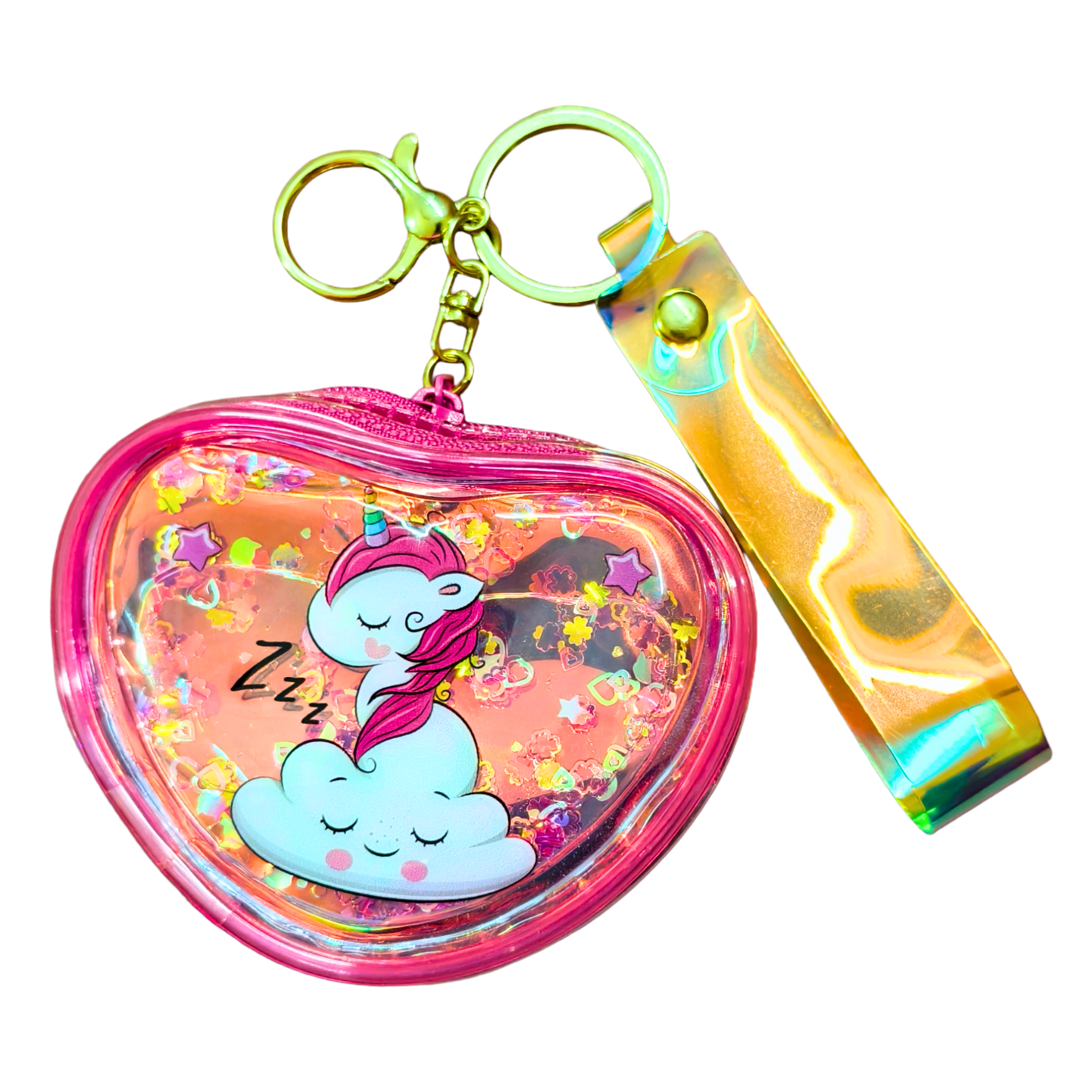 Heart-shaped glittery case with unicorn design and keychain, on a white background