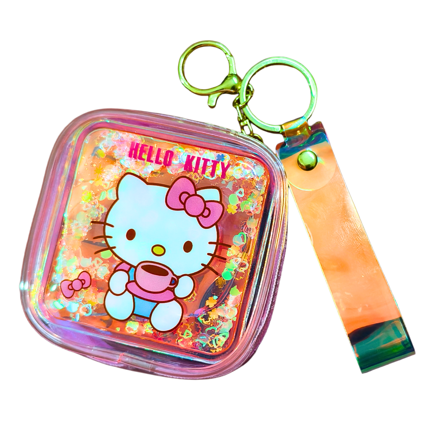 Hello Kitty case with keychain and nail file on a white background