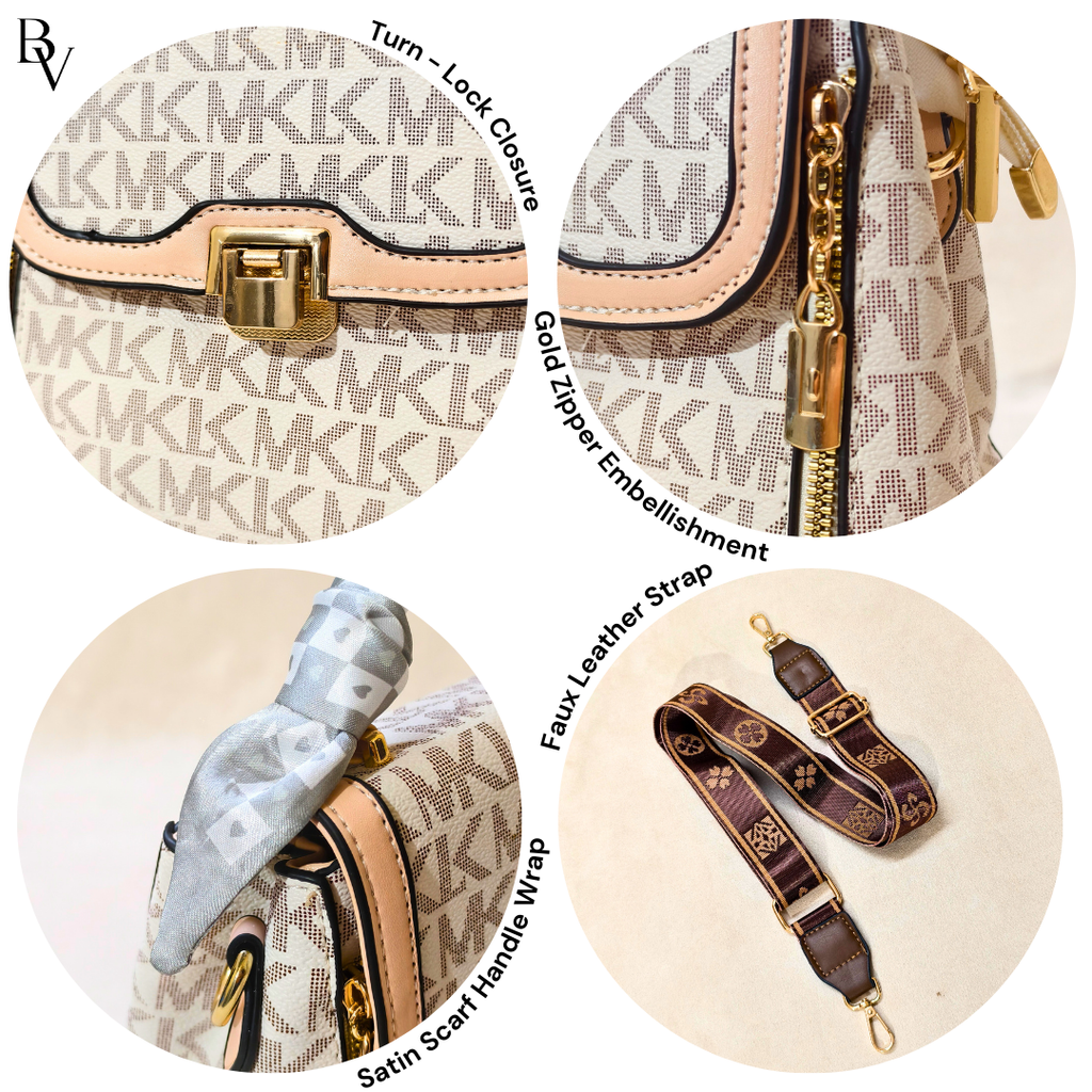 Close-up of a handbag with gold zipper embellishment, faux leather strap, satin scarf handle wrap, and turn-lock clasp.