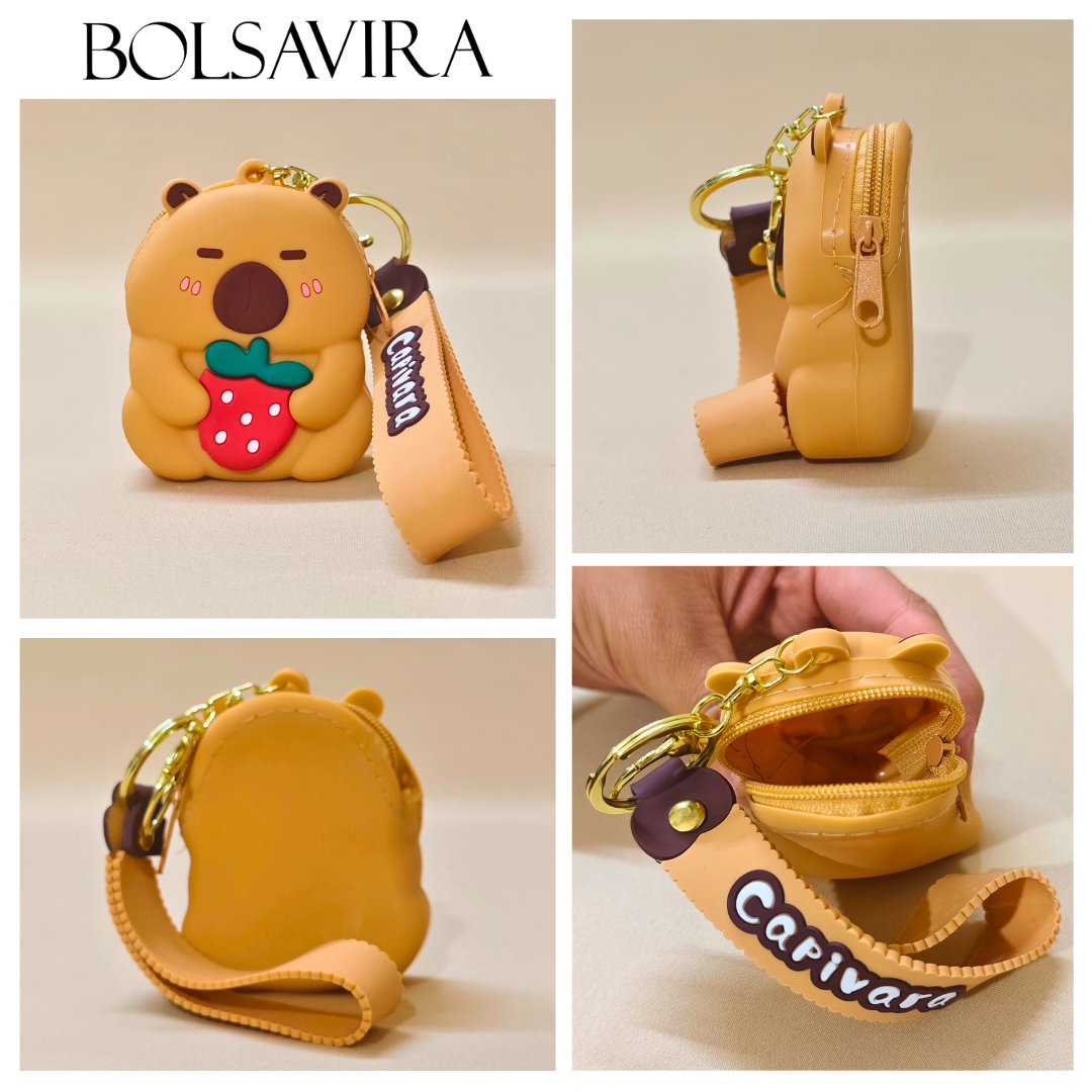 Collage of a yellow bear-shaped keychain purse with visible branding on a beige background.