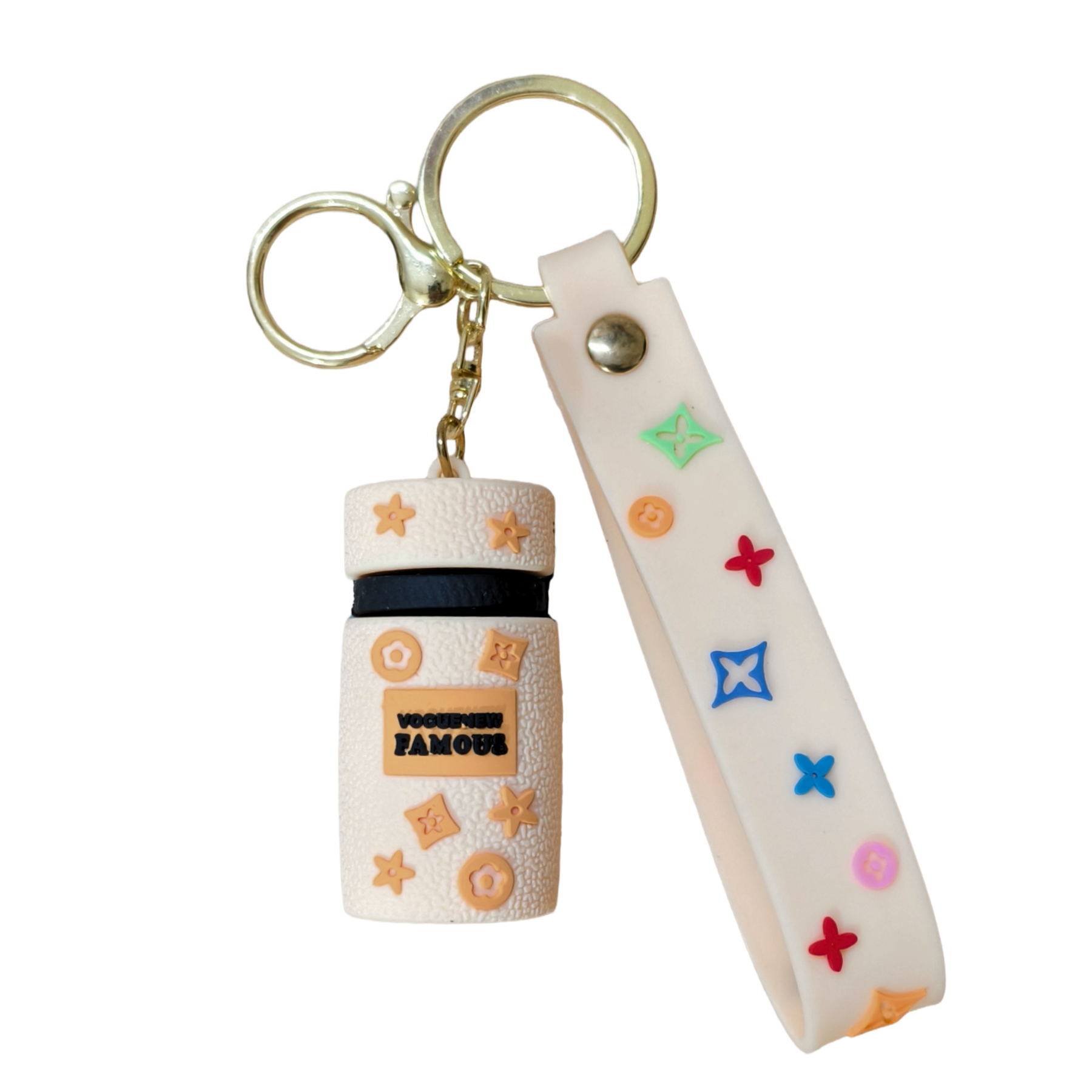 Keychain with a small container and colorful design on a white background