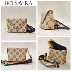 Collage of a beige handbag with a pattern and navy accents, featuring the brand 'Bolsavira'.