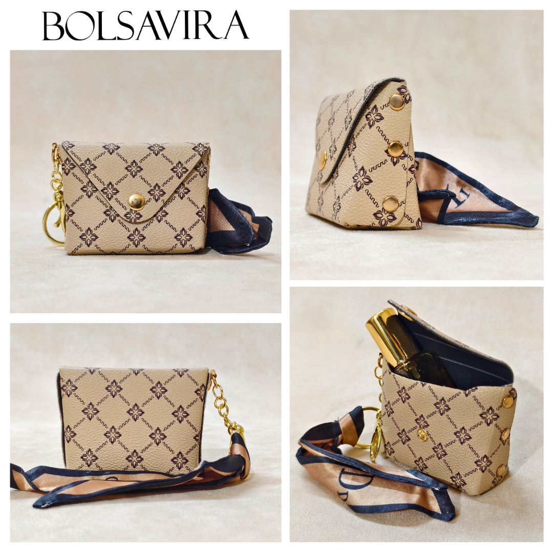 Collage of a beige handbag with a pattern and navy accents, featuring the brand 'Bolsavira'.
