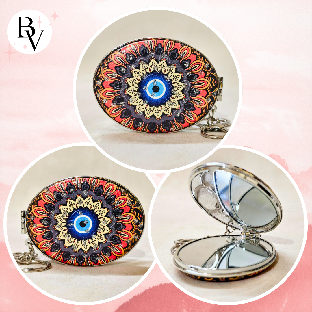 Oval Evil Eye Black Pocket Mirror Showing Different Angles.