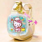Hello Kitty keychain with a gold carabiner on a beige background